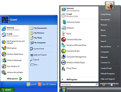 Start menu comparison between Windows XP and Windows Vista