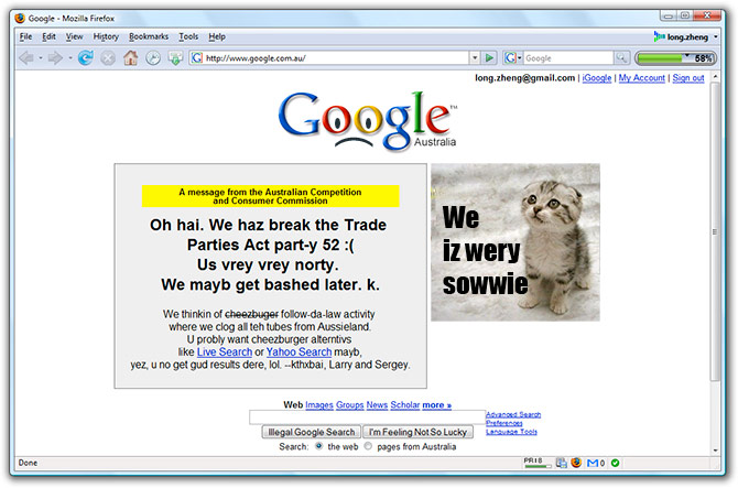 Google breaches Trade Practices Act in Australia (LOLCat)